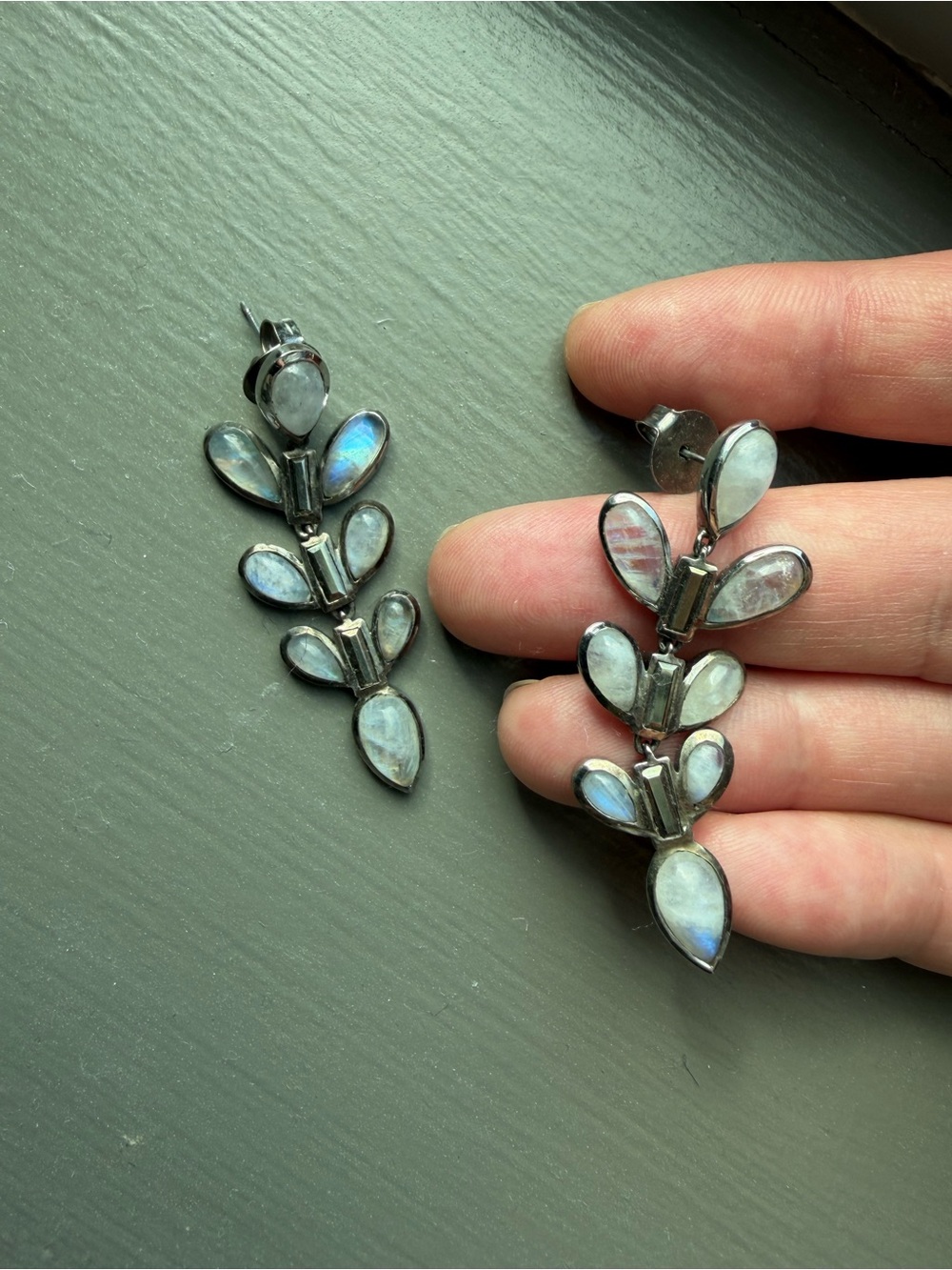 Leaf Drop Moonstone Dangle Earrings - White/Blue Iridescent